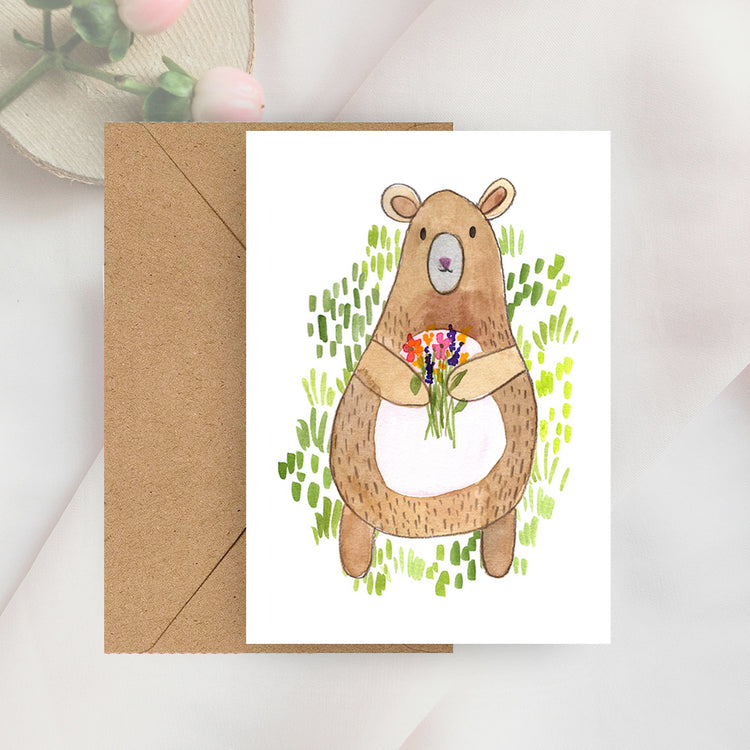 bear with bouquet mini notecard