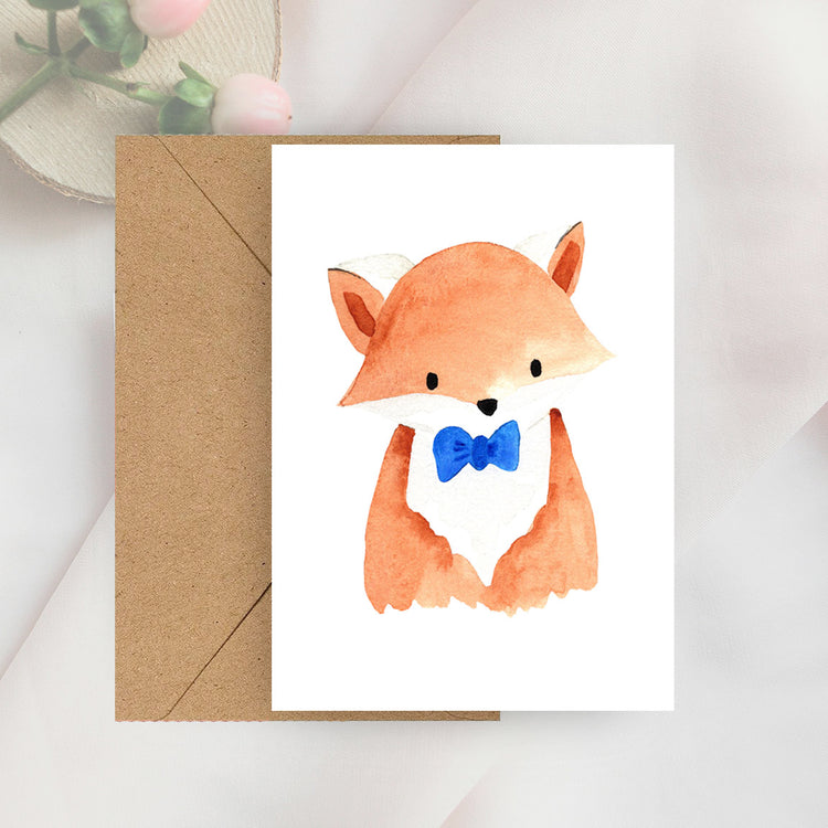fox in a blue bow tie mini notecard