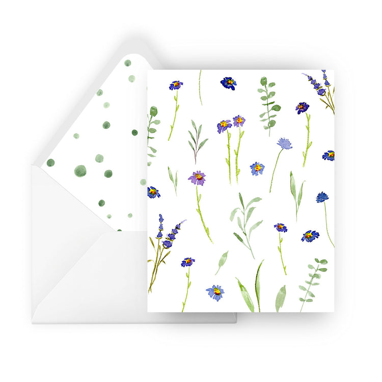 blue and violet wildflowers pattern greeting card