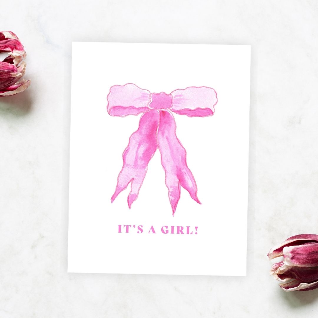 it's a girl pink ribbon greeting card