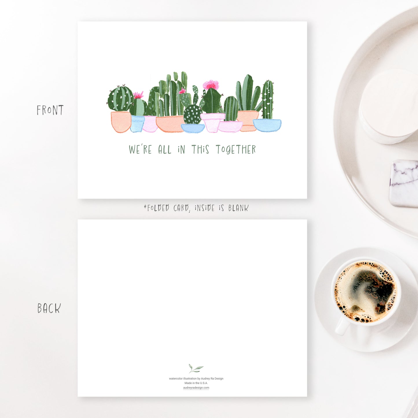 we're all in this together cacti greeting card