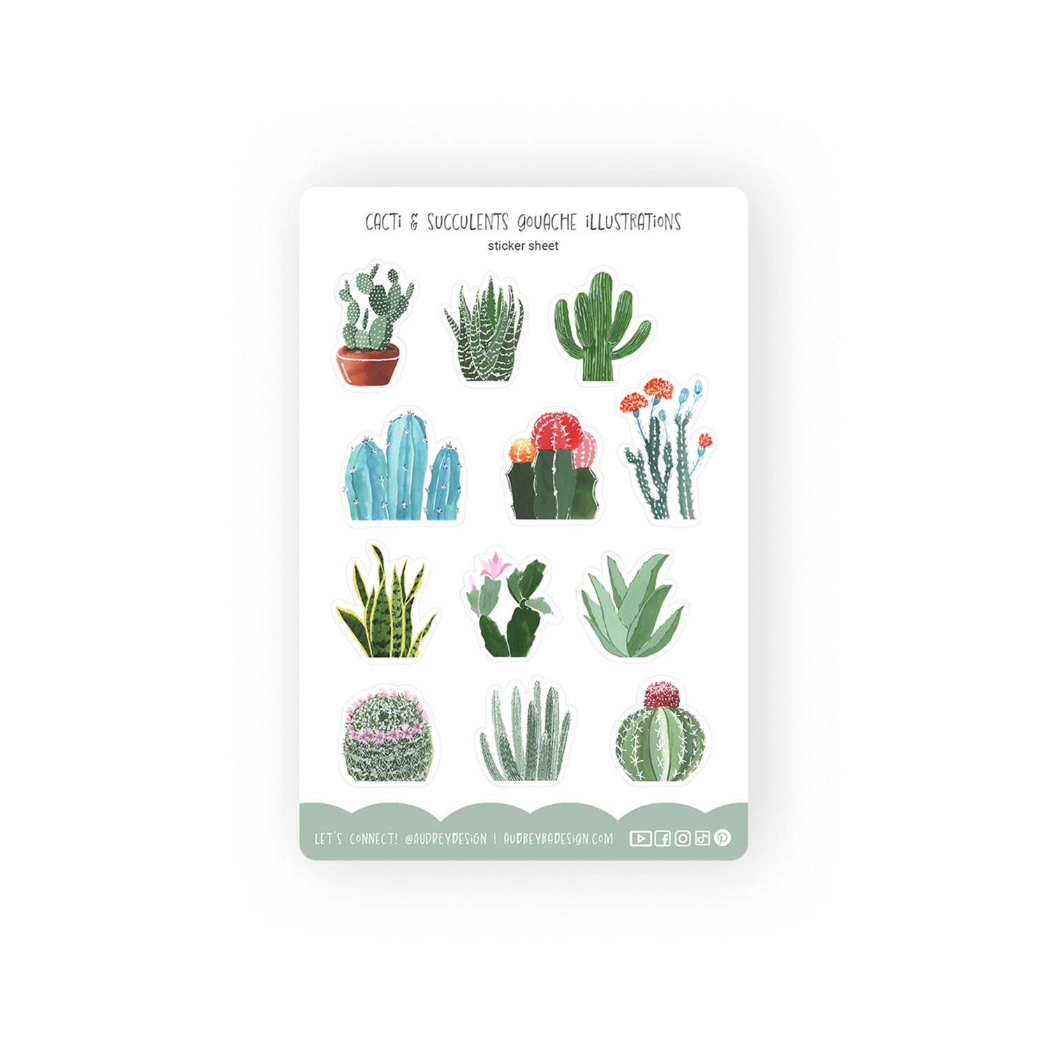 A white rectangle filled with various and colorful cacti and succulents. Text across the top reads "Cacti & Succulents Gouache Illustrations" and across the bottom it has social media icons for Audrey Ra Design.