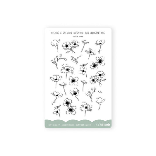 cosmos & anemones line illustration stickers
