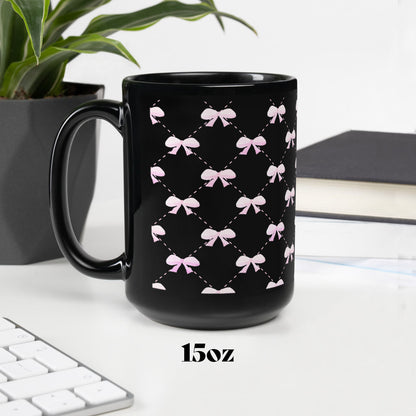 black mug with pink bow quilted pattern 🛍️