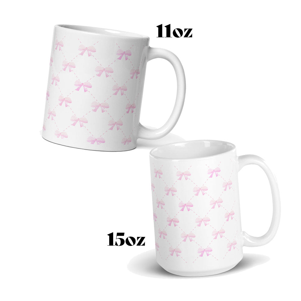 white mug with pink bow quilted pattern 🛍️