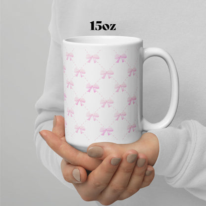 white mug with pink bow quilted pattern 🛍️