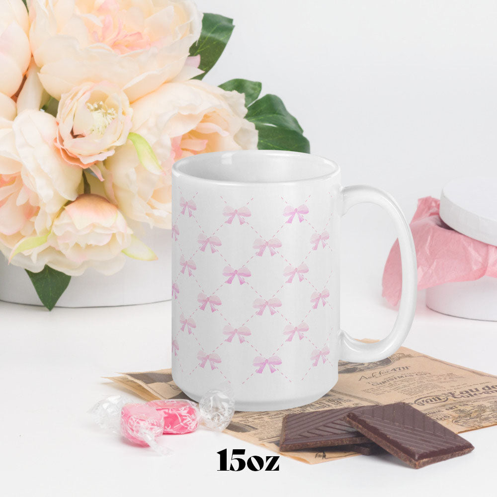 white mug with pink bow quilted pattern 🛍️