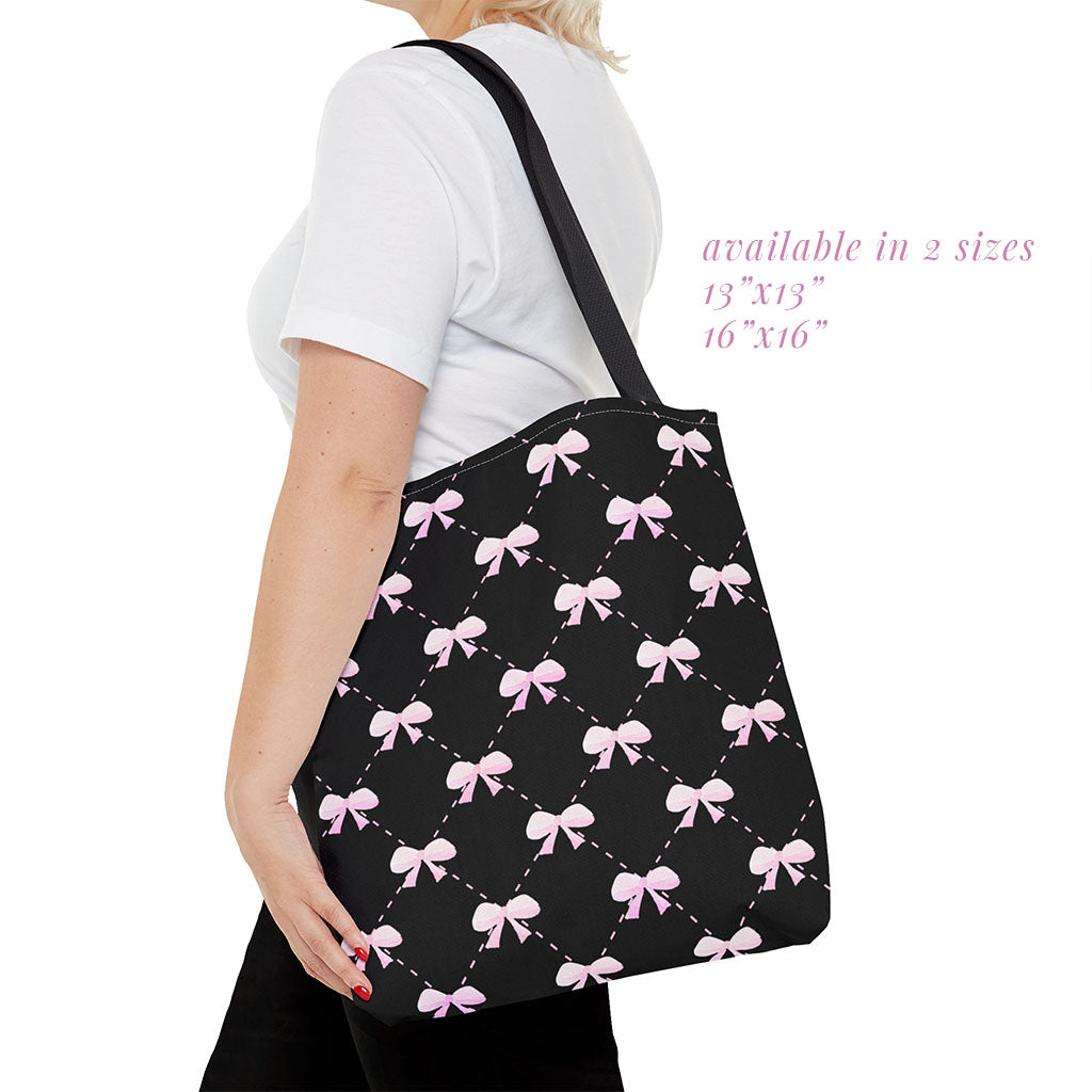 pink bow quilted pattern: black tote bag 🛍️