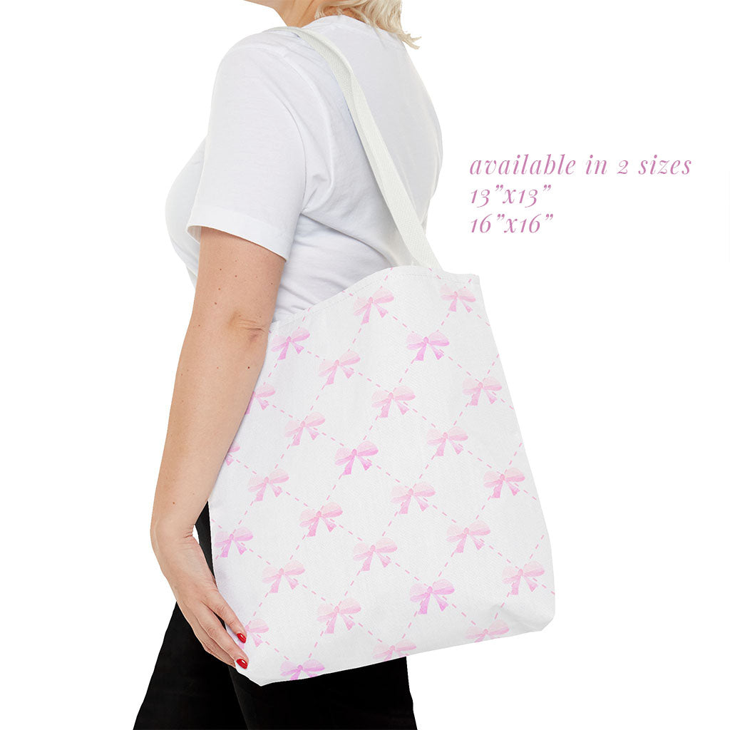 pink bow quilted pattern: white tote bag 🛍️