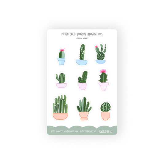 potted cacti gouache illustration stickers