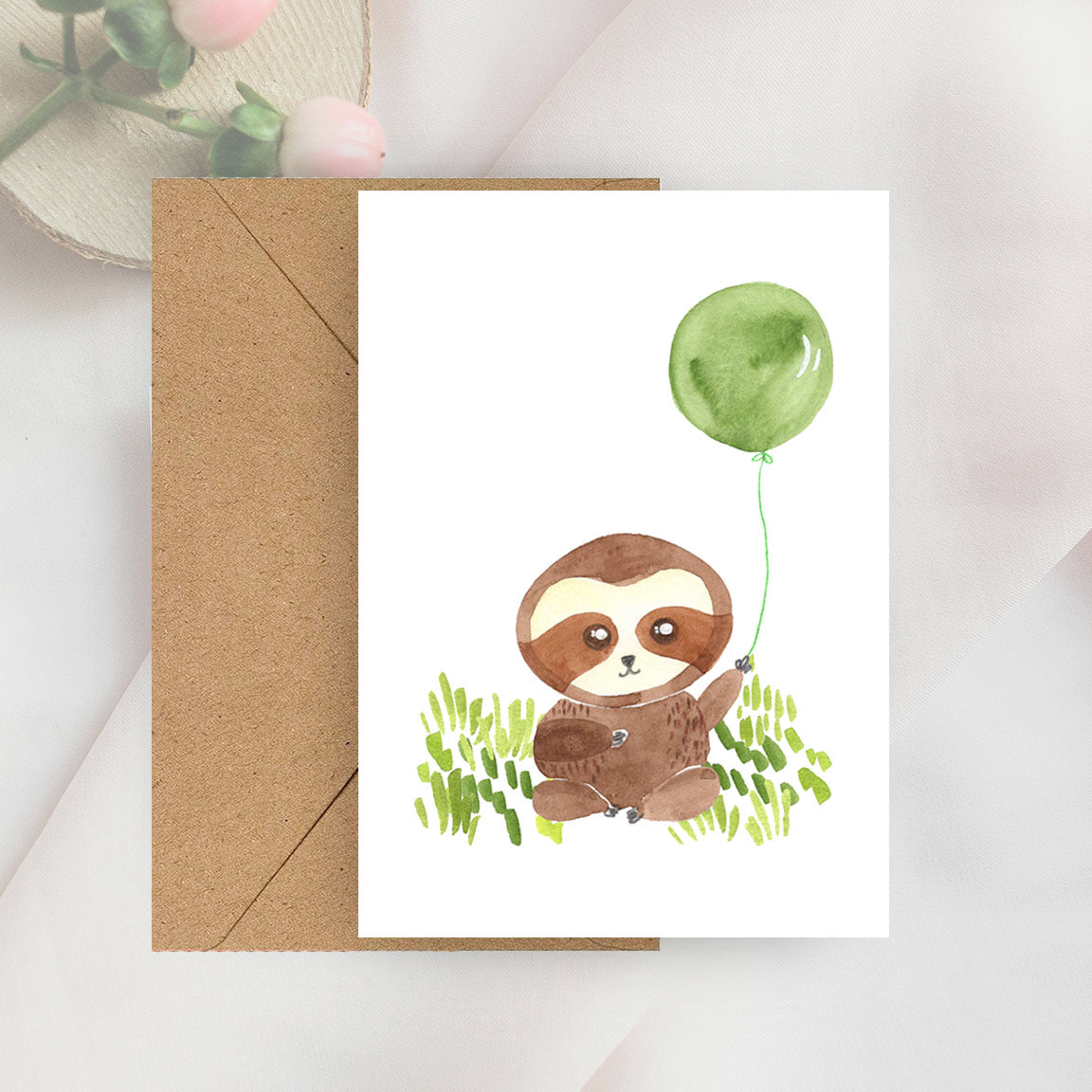 sloth with balloon mini notecard