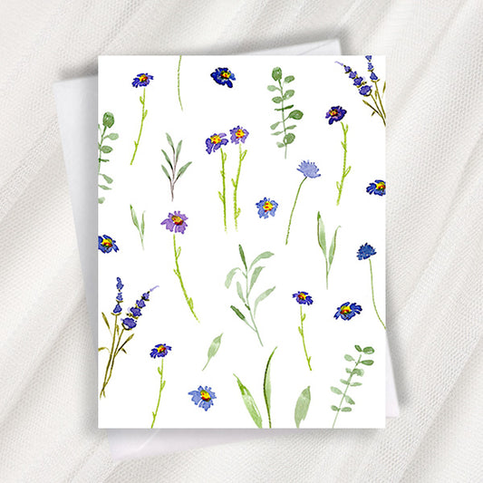 blue and violet wildflowers pattern greeting card