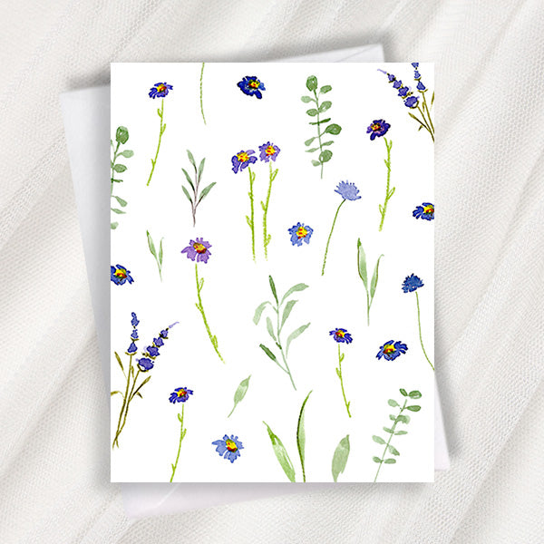 blue and violet wildflowers pattern greeting card