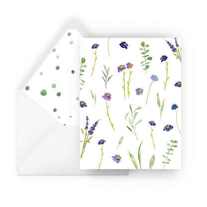 blue and violet wildflowers pattern greeting card