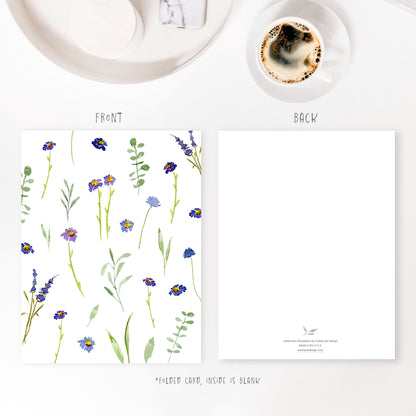 blue and violet wildflowers pattern greeting card