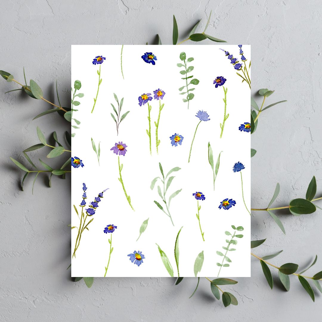 blue and violet wildflowers pattern greeting card