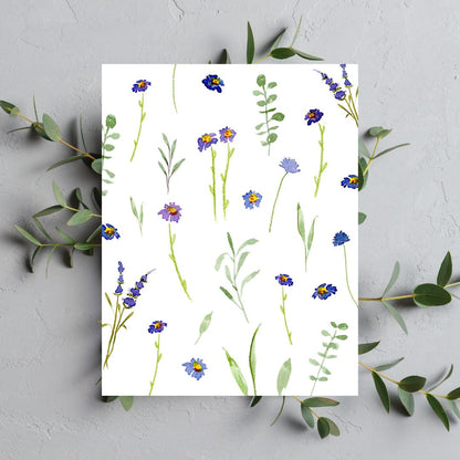 blue and violet wildflowers pattern greeting card